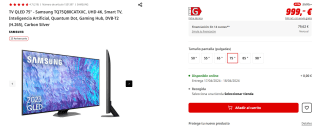TV QLED 75" Samsung TQ75Q80CATXXC, UHD 4K, Smart TV por 999€ (newsletter por 989€)