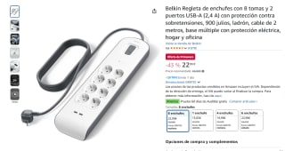 Belkin Regleta de enchufes con 8 tomas y 2 puertos USB-A por 22,99€