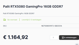 Palit GeForce RTX 5080 16GB GamingPro Videokaart voor €1.164,92 bij Caps