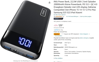 Power Bank, 22,5W USB C Snel Opladen 20000mAh voor €17,99 bij Amazon