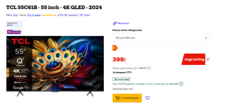 TCL 55C61B - Smart TV 55 inch QLED 4K voor €399 bij Bol