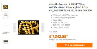 Apple MacBook Air (2024) 15.3 - M3 - 8 GB - 512 GB - Beige voor €1.243,54 bij NBB