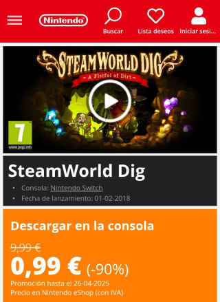 SteamWorld Dig Nintendo Switch por 0,99€.