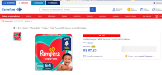 Fralda Pampers, tamanho XXG Supersec de 64 uni - R$ 87,20