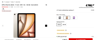 Apple iPad Air (2024) - 11 inch - WiFi + 5G - 128GB - Starlight voor €746,77 bij de Mediamarkt
