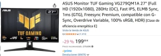Monitor TUF Gaming marca ASUS VG279QM1A 27" (Full HD) por 199€