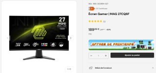 Écran PC gaming MSI 27" WQHD incurvé 180Hz 0,5ms RapidVA à 189,99€