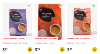 Alle koffiepads met 40 pads, 4 voor €9 bij de Hema