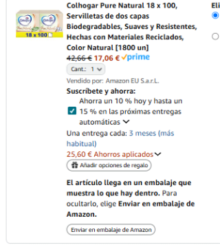 18 Paquetes servilletas Colhogar Pure Natural por 17,06€
