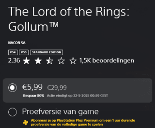 The Lord of the Rings: Gollum voor €5,99 in de Playstation Store