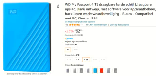 WD Mijn paspoort BPKJ0040BBL - 4TB - External Hard drive voor €92,95 bij Amazon