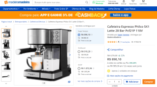 Cafeteira Espresso da Philco, modelo 5X1 Latte 20 Bar - R$ 890,10