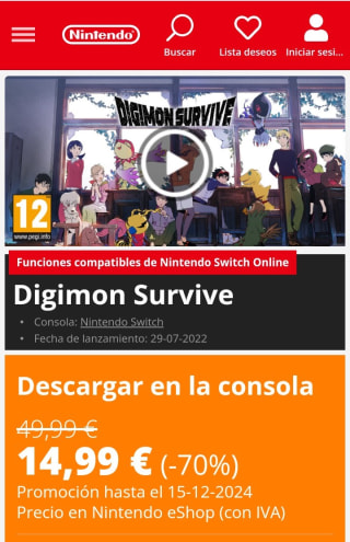 Digimon Survive Nintendo Switch por 14,99€.
