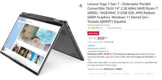 Ordenador Portátil Convertible Táctil 14" Lenovo Yoga 7 Gen 7 de 2.2K 60Hz (AMD Ryzen 7 6800U, 16GB RAM, 512GB SSD, AMD Radeon 680M Graphics, Windows 11 Home) Gris - Teclado QWERTY Español por 899€