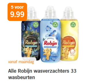 Alle Robijn wasverzachters 33 wasbeurten 5 voor €9,99 bij de AH