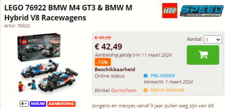 LEGO Speed Champions BMW M4 GT3 & BMW M Hybrid V8 racewagens voor €42,99 bij Brickshop