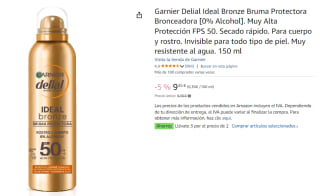 3 Botes de Garnier Delial Ideal Bronze Bruma Protectora Bronceadora [0% Alcohol]. Muy Alta Protección FPS 50. Secado rápido. Para cuerpo y rostro. Invisible para todo tipo de piel. Muy resistente al agua. 150 ml por 18.41€