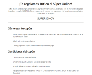 10€ descuento en tu compra superior a 100€ Carrefour