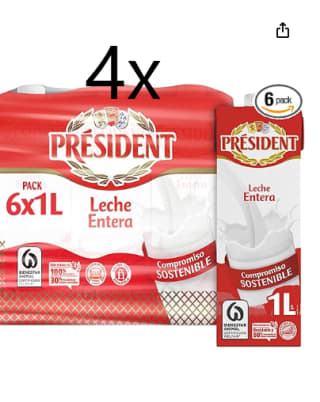 4 packs x Leche Président entera brik 1L – Pack de 6 litros por 0,83€cada litro