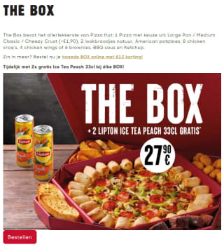 Gratis 2 blikjes Ice Tea Peach bij The Box & €12 korting op de 2e The Box bij Pizza Hut