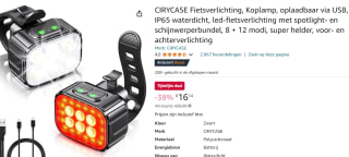CIRYCASE Fietsverlichting, Koplamp, oplaadbaar via USB voor €16,14 bij Amazon