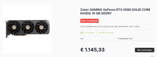 Zotac Gaming GeForce RTX 5080 16G SOLID CORE Videokaart voor €1.145,33 bij Caps