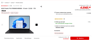 ASUS ProArt P16 H7606WI-ME006X - 16 inch - 32 GB - 1 TB voor €2.147,81 bij de Mediamarkt