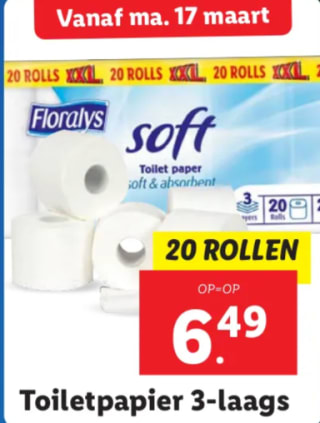Floralys 20 rollen XXL Toiletpapier 3-laags 220 vellen voor €6,49 bij de Lidl