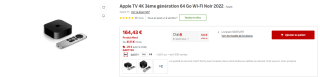 Apple TV 4K 3ème génération 64 Go Wi-Fi Noir 2022 à 164,43€