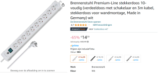 Brennenstuhl Premium-Line Stekkerdoos 10 stopcontacten voor €14,39 bij Amazon.nl