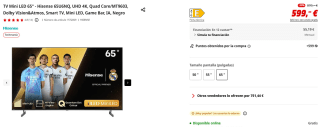 TV Mini LED 65" Hisense 65U6NQ, UHD 4K, Quad Core por 509,15€