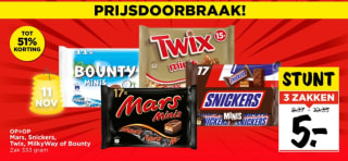 3 zakken van 333g Mars, Snickers, Twix, MilkyWay of Bounty mini's voor €5 bij Vomar