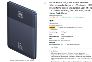 Baseus Powerbank, 65 W Powerbank Ultra Slim voor €49,99 bij Amazon