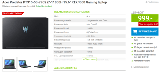 Acer Predator Triton 300 PT315-53-79C2 voor €999 bij Megekko