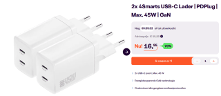 2 Stuks 4smarts PD Plug Dual USB-C GaN Snellader 45W voor €16,95 bij ibood
