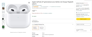Apple AirPods (3ᵉ génération) avec Boîtier de Charge MagSafe ​​​​​​​(2021) à 157,11€