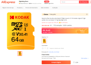 Cartão de memoria da Kodak de 64 GB - R$ 26,42