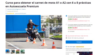 Curso para obtener el carné de moto A2 con 6 prácticas (4 de maniobras y 2 de circulación) por 16,39€