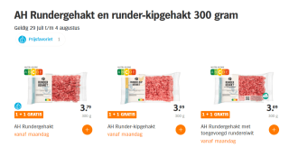 AH Rundergehakt en runder-kipgehakt 300 gram 1+1 gratis