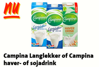 Campina Langlekker of Campina haver- of sojadrink 4 pakken à 1 liter voor €5 bij de Jumbo