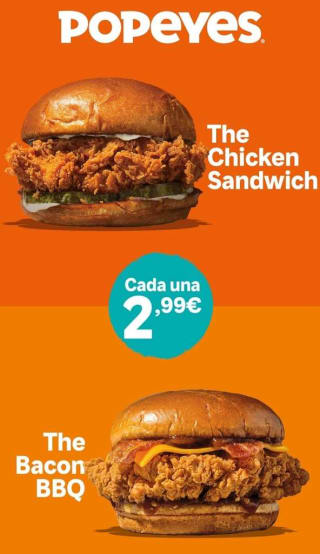 Sandwich Bacon BBQ o Chicken por 2,99€ en Popeyes