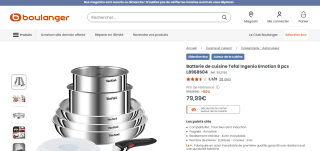 Batterie de cuisine Tefal Ingenio Emotion L8968S04 (Tout Inox) - 3 Poêles + 2 Casserole + 1 Poignée amovible + 2 Couvercles hermétiques à 79,99€