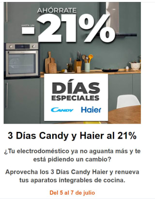 Hasta un -21% de desxcuento en marca Candy y Haier