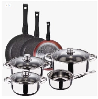 Batería 7 piezas SAN GINACIO Cassel y Set 3 sartenes por 30.8€