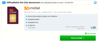 50PlusMobiel-Sim Only-abonnement met onbeperkt bellen en sms + 10 GB 4G+ voor €1 p.m.