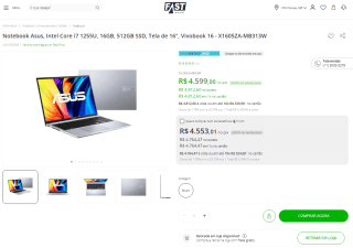 Notebook da Asus, modelo Intel Core i7 1255U - R$ 4.599