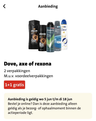 1+1 gratis alle Dove, Axe en Rexona bij Jumbo
