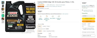 Aceite Sintético 5w-30 Castrol 5ots por $830 en Amazon