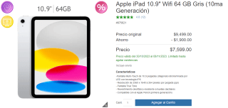 iPad 10.9" 64GB Gris 10ma Gen por $7,599 en Costco