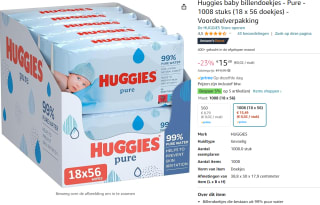 Huggies billendoekjes - Pure 99% water - 18 x 56 stuks 1008 doekjes - voor €15,49